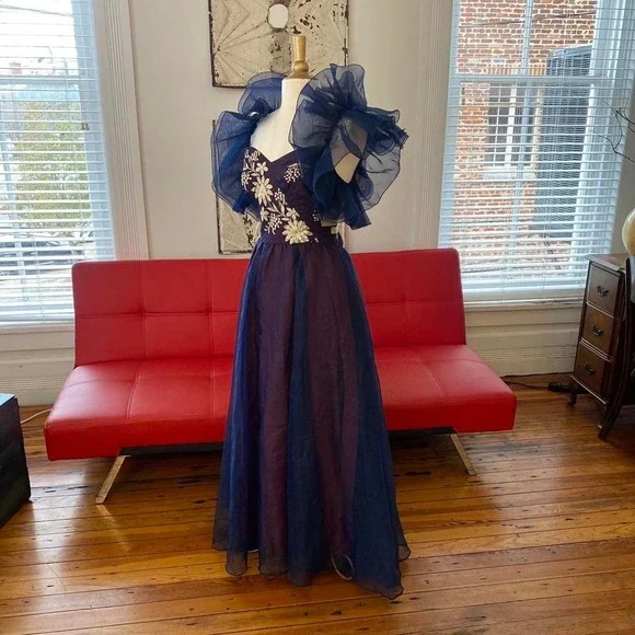 Vintage Navy Purple Organza Prom Gown Embroidered Ruffle Off Shoulder Dress Sz S - Picture 4 of 8